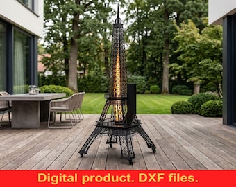 Pelletkachel in de vorm van de Eiffeltoren met glazen buis (DXF-bestanden voor lasersnijden) ~ Pelletbrander voor buiten in Franse stijl ~ Terrasverwarmer op houtpellets