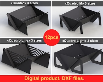 May include: Four black metal fire pit designs, each labeled with a different name and size options. The designs include "Quadro," "Quadro M," "Quadro Line," and "Quadro Light." The image also includes the text "Digital product. DXF files."