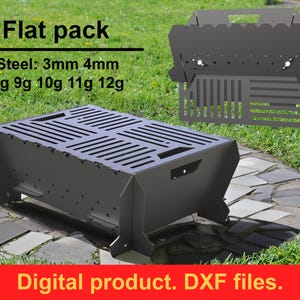 May include: A flat pack, dark gray metal fire pit with a slotted top and folding sides. The text "Flat pack" and specifications for steel thickness and weight are visible. The bottom of the image reads "Digital product. DXF files."