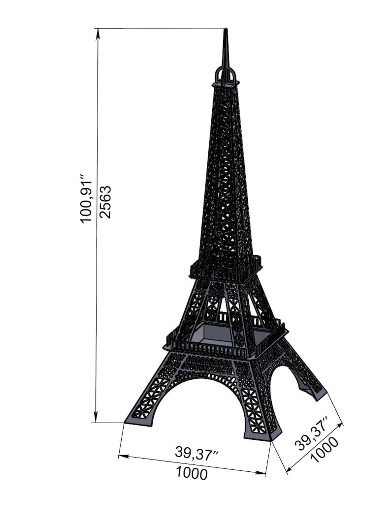 Pode incluir: Modelo preto da Torre Eiffel, com dimens&otilde;es de 2563 mm de altura e 1000 mm de largura. O modelo apresenta um design aberto, semelhante a uma treli&ccedil;a, com detalhes arquitet&oacute;nicos. A base tem 1000 mm de largura.