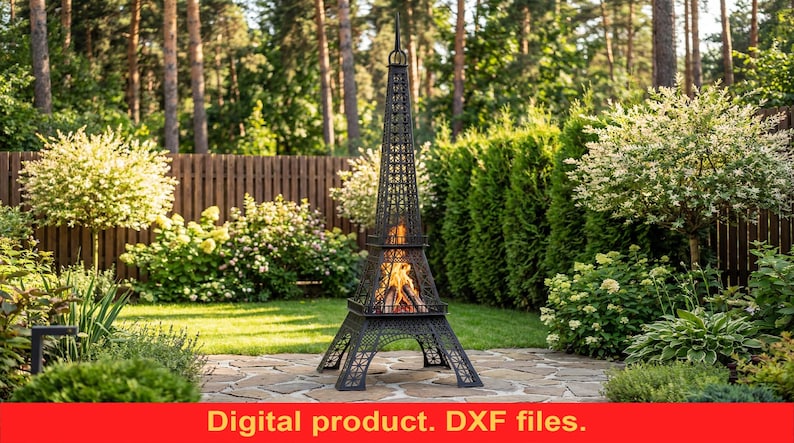 Arquivos DXF para lareira em formato de Torre Eiffel com 2,54 m de altura, compatíveis com plasma, laser, jato de água e CNC ~ Lareira de jardim ~ Lareira para camping ao ar livre ~ Arte da Torre Eiffel imagem 1