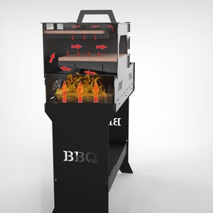 May include: Black BBQ grill with a handle and a shelf. The grill has a cutaway view showing the internal structure, including wooden shelves and the path of airflow indicated by red arrows. The word "BBQ" is visible.