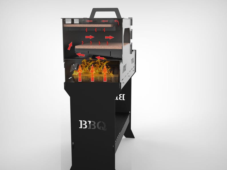 May include: Black BBQ grill with a handle and a shelf. The grill has a cutaway view showing the internal structure, including wooden shelves and the path of airflow indicated by red arrows. The word "BBQ" is visible.