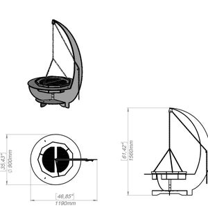 Puede incluir: Un dibujo t&eacute;cnico de una parrilla de carb&oacute;n. La parrilla tiene una base circular con una rejilla de cocci&oacute;n suspendida. La altura total es de 1560 mm (61,42 pulgadas), y el di&aacute;metro es de 900 mm (35,43 pulgadas).