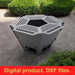 Könnte beinhalten: Ein grauer, geometrischer Feuerkorb mit sechseckiger Oberseite und Lamellendesign. Der Feuerkorb ist aus Metall gefertigt und hat eine moderne, eckige Form. Der Text "Digital product. DXF files." wird in einem roten Banner unten angezeigt.