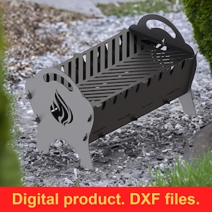 May include: A dark gray metal fire pit with a decorative flame design on the side. The fire pit has a rectangular shape with a slatted grill and curved handles. The text "Digital product. DXF files." is displayed in a red banner at the bottom.