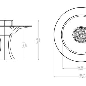 May include: Line drawing of a modern table with a unique tree-like base. The table's height is 35.43 inches (900 mm), and the overall height is 41.34 inches (1050 mm). The top view shows a circular design with a central maze pattern.