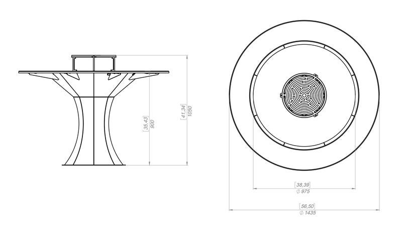 May include: Line drawing of a modern table with a unique tree-like base. The table's height is 35.43 inches (900 mm), and the overall height is 41.34 inches (1050 mm). The top view shows a circular design with a central maze pattern.