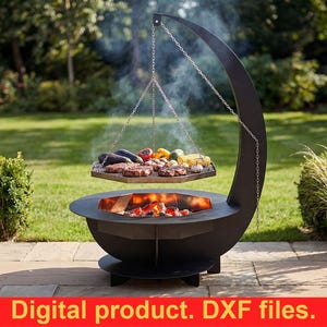 Crescent Fire Pit Grill DXF Files for CNC Plasma Cutting | Outdoor Fire Pit for Cooking - Digital Download Barbecue - Welding School Gift