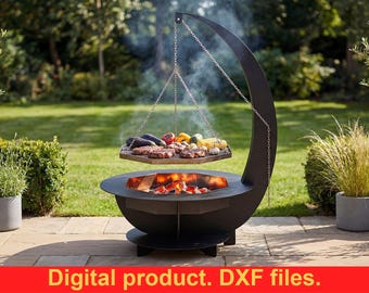 Archivos DXF de parrilla para fogata en forma de media luna para corte por plasma CNC / fogata al aire libre para cocinar - Descarga digital - Regalo para escuela de soldadura