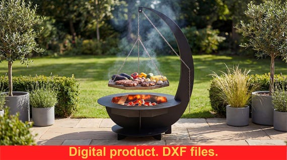 Crescent Fire Pit Grill DXF Files for CNC Plasma Cutting | Outdoor Fire Pit for Cooking - Digital Download Barbecue - Welding School Gift