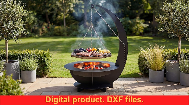 Archivos DXF de parrilla para fogata en forma de media luna para corte por plasma CNC / fogata al aire libre para cocinar - Descarga digital - Regalo para escuela de soldadura imagen 1