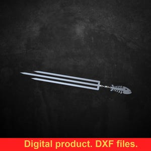 Könnte beinhalten: Ein silberfarbener Metallspieß mit drei Zinken und einem Fischgrätenmuster am Ende. Der Text "Digital product. DXF files." wird in einem roten Banner am unteren Bildrand angezeigt.
