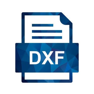 Może przedstawiać: Niebiesko-biała ikona drukarki z dokumentem w środku. Słowo "DXF" jest wyświetlane białymi literami na froncie drukarki. Drukarka ma geometryczny wzór.