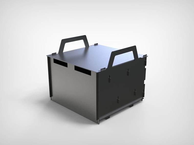 May include: A dark gray metal box with two rectangular handles on top. The box has a rectangular shape with a flat top and sides. The box has a modern, industrial design.