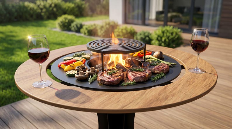 May include: A round wooden outdoor dining table with a built-in grill and a central fire pit. The grill holds grilled vegetables and steaks. Two glasses of red wine sit on the table.