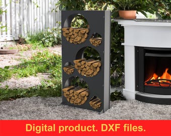 Gran leñero de 178 cm de altura con recortes redondos ~ Soporte de leña industrial único ~ Archivos DXF para plasma, láser o CNC ~ Soporte portátil para troncos