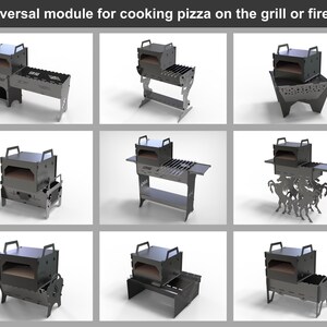 May include: A collection of modular, stainless steel pizza oven units designed for grilling or fire pit cooking. Each unit features a rectangular oven with a handle, and some include grilling surfaces or decorative cutouts. The text at the top reads: "Universal module for cooking pizza on the grill or fire pit."