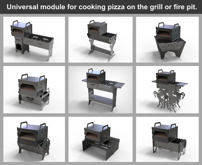 May include: A collection of modular, stainless steel pizza oven units designed for grilling or fire pit cooking. Each unit features a rectangular oven with a handle, and some include grilling surfaces or decorative cutouts. The text at the top reads: "Universal module for cooking pizza on the grill or fire pit."