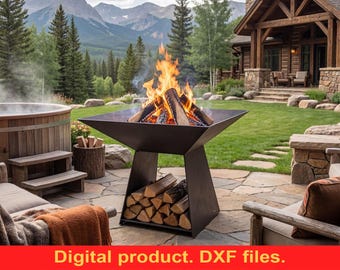 Hoguera cuadrada alta (archivos DXF) ~ Hoguera soldada para acampar con nicho para leña ~ Hoguera para jardín/exterior ~ Hoguera moderna industrial para bricolaje