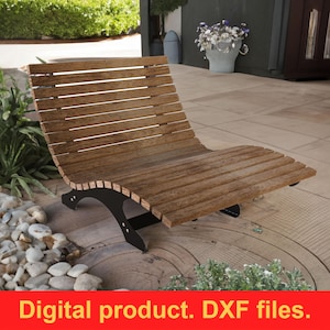 May include: A wooden outdoor lounge chair with a curved design. The chair has a slatted seat and backrest made of light brown wood. The frame is black. The text "Digital product. DXF files." is at the bottom.