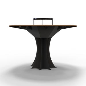 May include: A modern, black and brown bar table with a unique, sculptural design. The table features a dark brown, circular tabletop and a black, flared base. A small, black circular shelf is attached to the top.