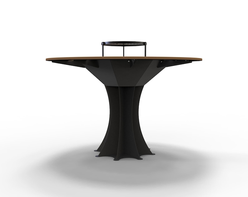 May include: A modern, black and brown bar table with a unique, sculptural design. The table features a dark brown, circular tabletop and a black, flared base. A small, black circular shelf is attached to the top.