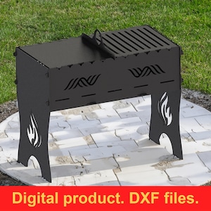 May include: A black metal barbecue grill with a rectangular firebox and a slatted grill top. The legs feature a flame design. The text "Digital product. DXF files." is at the bottom of the image.