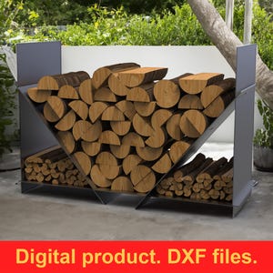 May include: A modern, gray metal firewood rack filled with cut logs. The rack has a geometric design with angled supports and a rectangular base. The logs are light brown and neatly stacked. Text at the bottom reads "Digital product. DXF files."