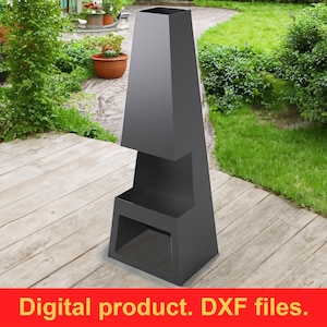 Puede incluir: Una chimenea exterior alta y negra con un diseño rectangular. La chimenea tiene una gran abertura en la parte superior y otra más pequeña en la parte inferior. El texto "Digital product. DXF files." está en la parte inferior de la imagen.