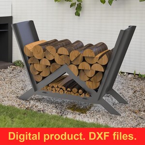 May include: A dark gray metal log rack filled with cut logs. The rack has a modern, angular design with a slanted back and angled legs. The text "Digital product. DXF files." is displayed in a red banner at the bottom of the image.
