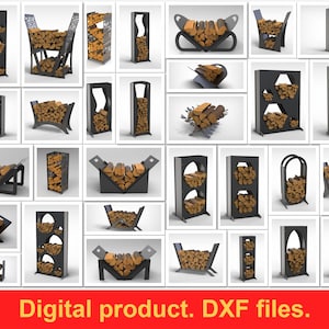 Puede incluir: Una colección de leñeros de metal negro en varios diseños, cada uno lleno de leña marrón. Los leñeros tienen diferentes formas, incluyendo estilos rectangulares, arqueados y abiertos. La imagen incluye el texto "Digital product. DXF files."