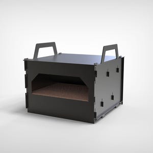 May include: A black metal pizza oven with a rectangular shape and a handle on each side. The oven has an opening in the front and a brown interior. This outdoor cooking appliance is designed for baking pizzas.