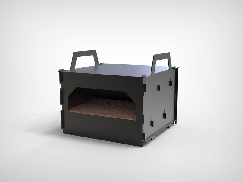 May include: A black metal pizza oven with a rectangular shape and a handle on each side. The oven has an opening in the front and a brown interior. This outdoor cooking appliance is designed for baking pizzas.