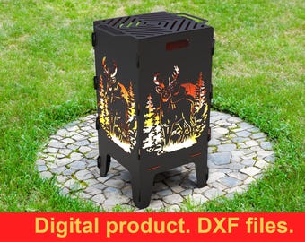 Archivos DXF de parrilla con fogata para ciervos ~ Corte láser y plasma CNC (descarga digital) ~ Plano de parrilla portátil para cocinar pescado, carne y verduras en sartén ~ Parrilla DIY