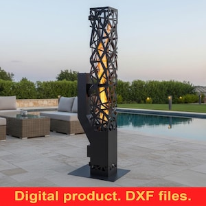 May include: A black metal outdoor fireplace with a geometric design, set on a square base. The fireplace has a flame visible inside. The background includes a patio set, a swimming pool, and greenery. The text "Digital product. DXF files." is at the bottom.