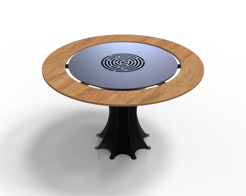 May include: A round table with a light wood-colored rim and a dark gray center with a spiral design. The table has a black, stylized base. The table is suitable for indoor use.