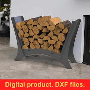 May include: A dark grey metal log holder filled with cut logs. The holder has a curved design and is placed near a fireplace. The text "Digital product. DXF files." is displayed at the bottom.