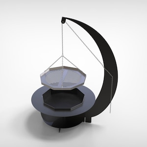 Puede incluir: Una parrilla de exterior de metal negro con un dise&ntilde;o &uacute;nico. Cuenta con una rejilla colgante suspendida por cadenas de un soporte curvo. La parrilla tiene una base redonda con una secci&oacute;n inferior octogonal.