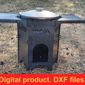 Puede incluir: Una estación de cocina exterior de metal oscuro con una olla redonda y tapa. La estación tiene dos estantes laterales y cortes decorativos. El texto "Digital product. DXF files." está en la parte inferior.