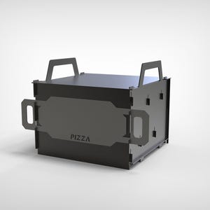 May include: A dark gray metal pizza oven with a boxy design. It features handles on the top and sides for easy transport. The word "PIZZA" is printed on the front. This oven is designed for outdoor cooking.
