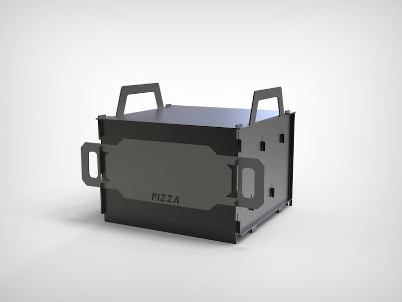 May include: A dark gray metal pizza oven with a boxy design. It features handles on the top and sides for easy transport. The word "PIZZA" is printed on the front. This oven is designed for outdoor cooking.