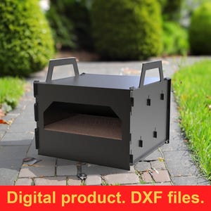 May include: Black laser-cut box with a rectangular opening and two handles on top. The box has a brown interior and is designed for a digital product. The text "Digital product. DXF files." is displayed in a red banner at the bottom.