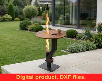 Pellet Torch with Wooden Tabletop DXF Files for Plasma, Laser, CNC ~ Glass Tube Rocket Stove Heater for Patio & Outdoor ~ Pellet Fire Tower