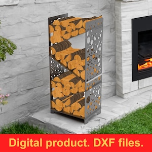 May include: A metal firewood rack with a decorative perforated design, filled with neatly stacked logs. The rack is positioned next to a fireplace, with a red banner at the bottom that reads "Digital product. DXF files."