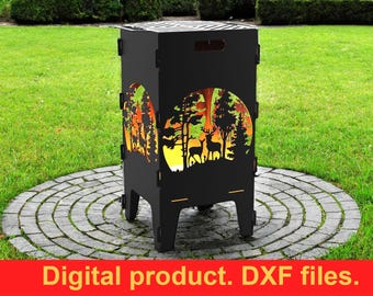 Forest, Deer Fire Pit Grill DXF files for plasma, laser, CNC. Fire Basket with Grill, Barbecue, Firepit bbq. Collapsible Fire Pit, DIY