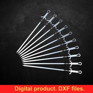 Puede incluir: Una colección de espadas blancas estilizadas con empuñaduras y hojas detalladas, dispuestas en forma de abanico sobre un fondo oscuro. La imagen incluye el texto "Digital product. DXF files."