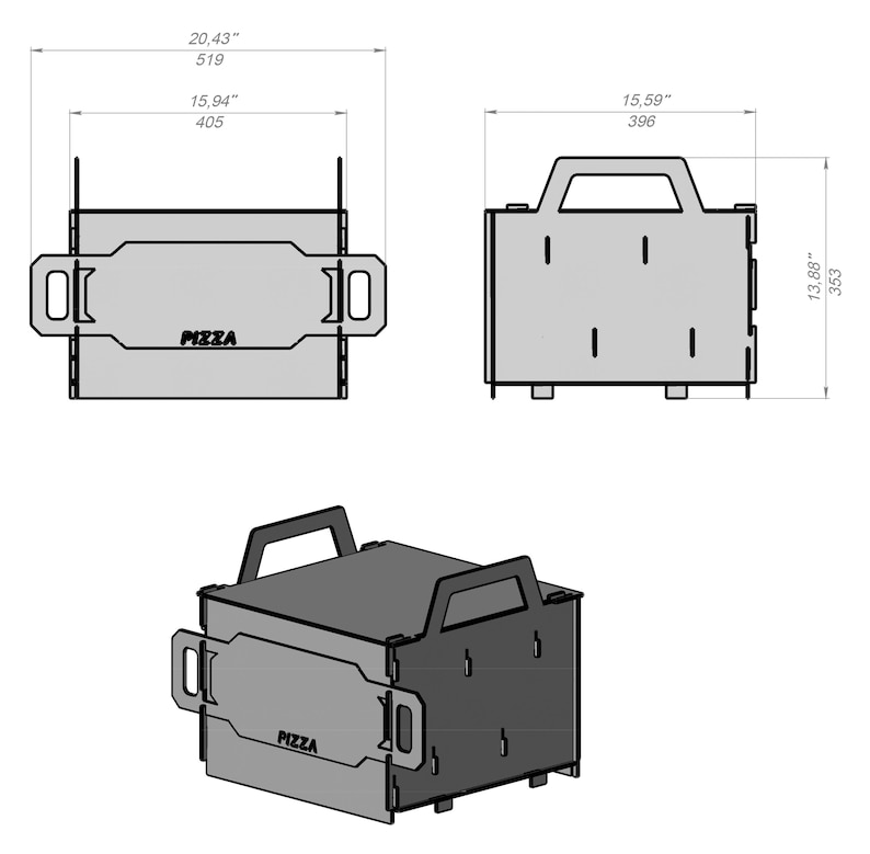 May include: A gray, laser-cut pizza box design with a handle and the word "PIZZA" on the side. The box is 20.43 inches long, 15.94 inches wide, and 13.88 inches tall. The design includes side handles.
