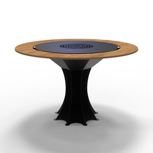May include: A modern outdoor table with a circular wooden top and a dark gray center. The table has a black, geometric base with a unique, stylized design. The table is designed for outdoor use.