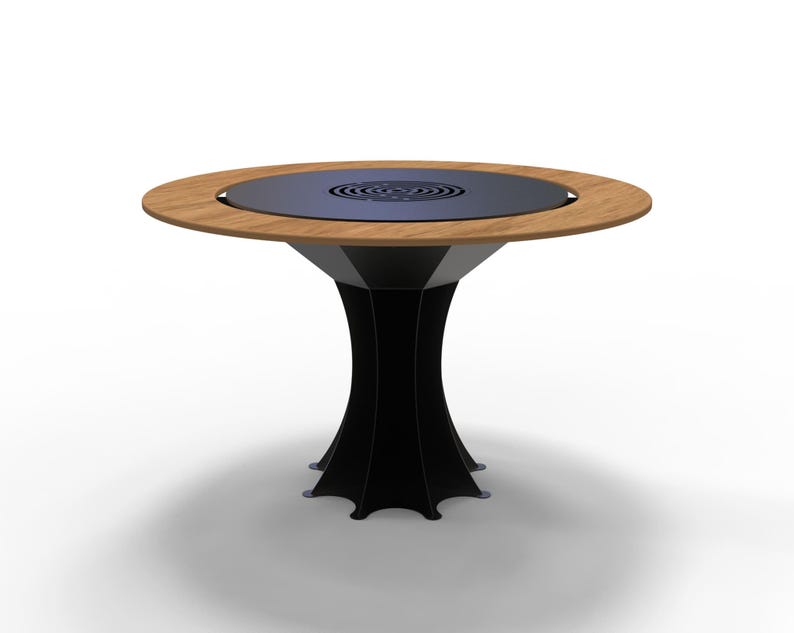 May include: A modern outdoor table with a circular wooden top and a dark gray center. The table has a black, geometric base with a unique, stylized design. The table is designed for outdoor use.